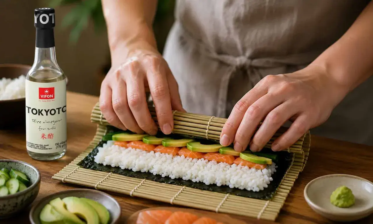 Ręce zwijają sushi z łososiem i awokado na macie bambusowej. Obok butelka octu ryżowego do sushi.