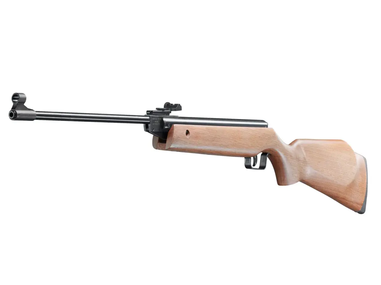Drewniana wiatrówka z czarnym metalowym lufą i celownikiem. Model 45, kaliber 4.5mm.