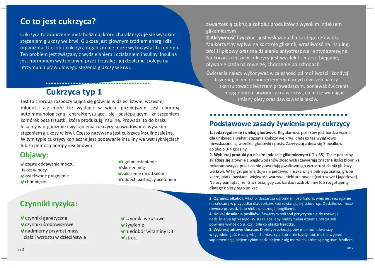 Grafika przedstawia fragment artykułu o cukrzycy z nagłówkami i listami punktowanymi.