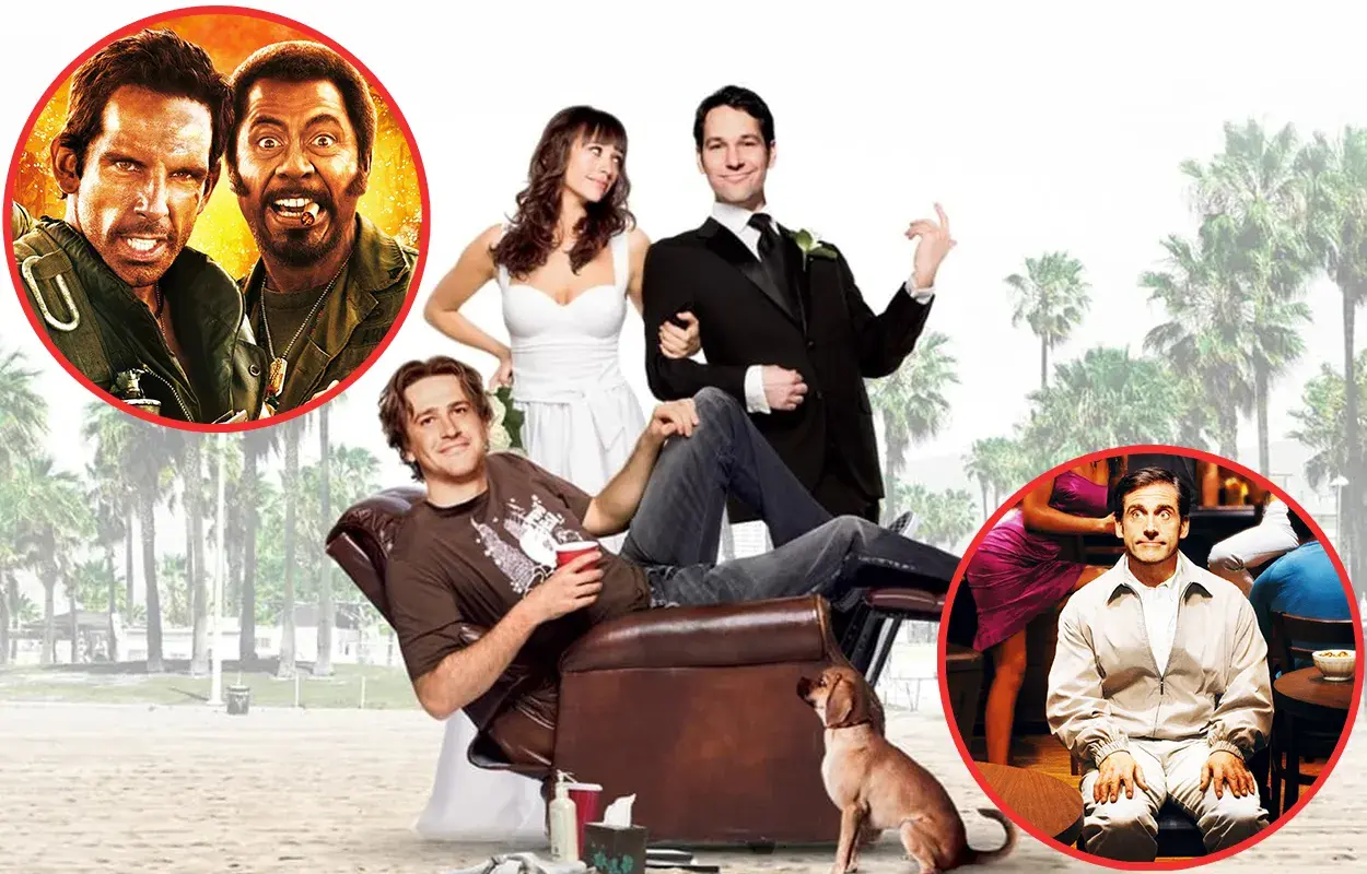 En samling scener från roliga komedi filmer med skådespelare som Ben Stiller, Robert Downey Jr., Paul Rudd, Rashida Jones och Steve Carell.