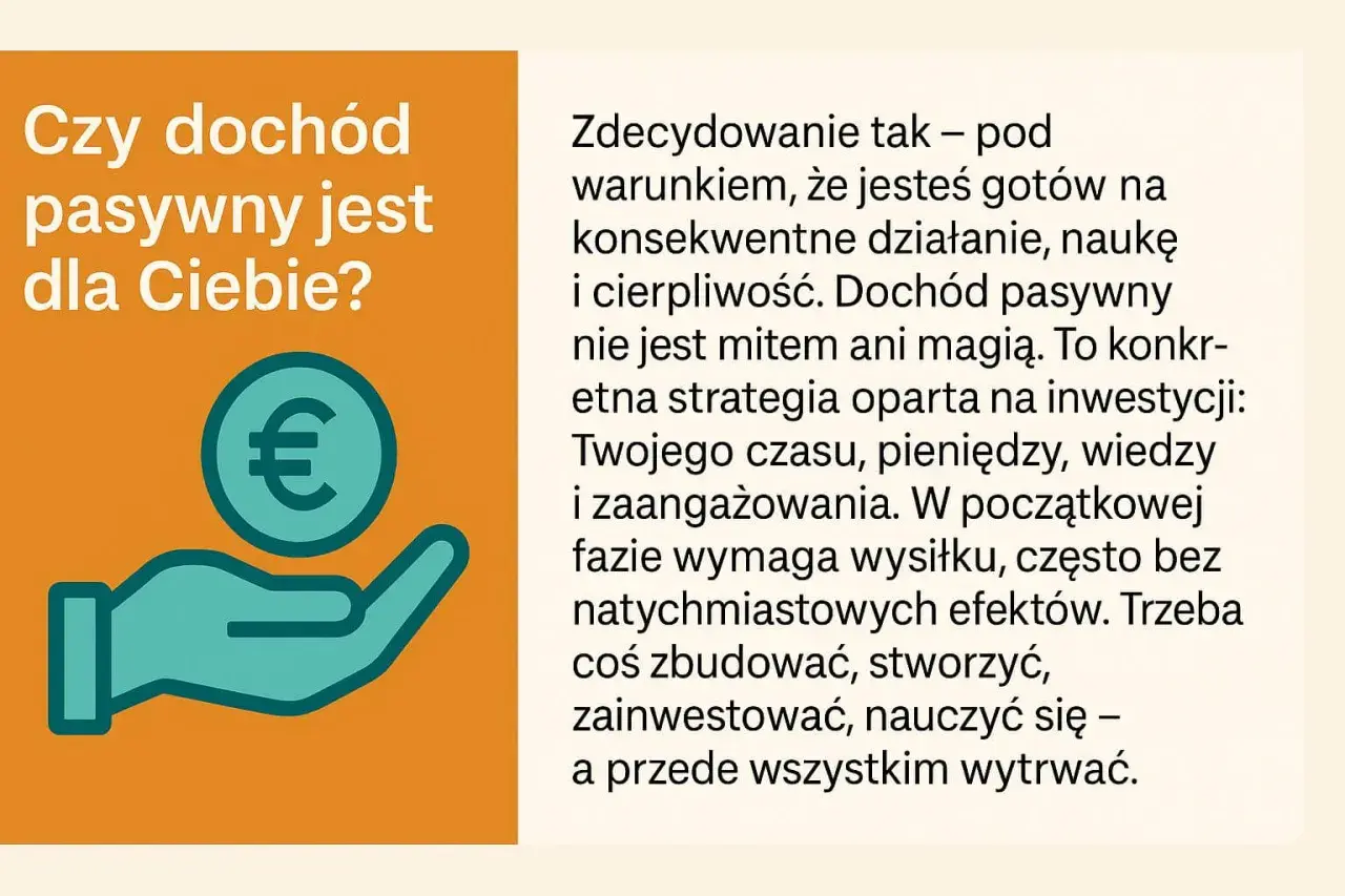 Ręka trzymająca monetę z symbolem euro. Pytanie: "Czy dochód pasywny jest dla Ciebie?". Tekst wyjaśnia, że dochód pasywny wymaga pracy i cierpliwości.