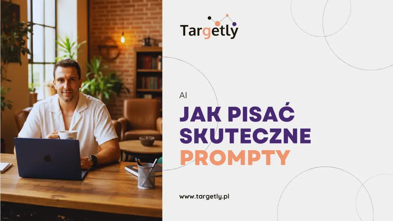 Mężczyzna z kawą przy laptopie uczy się, jak pisać skuteczne prompty dla czat gpt. Targetly.pl.