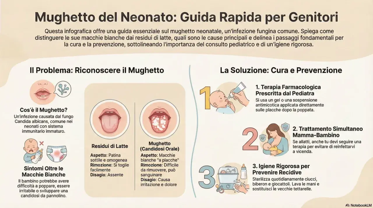 Guida rapida sul mughetto neonatale: come riconoscerlo, curarlo e prevenirlo. Immagini mostrano bocca sana, residui di latte e mughetto.