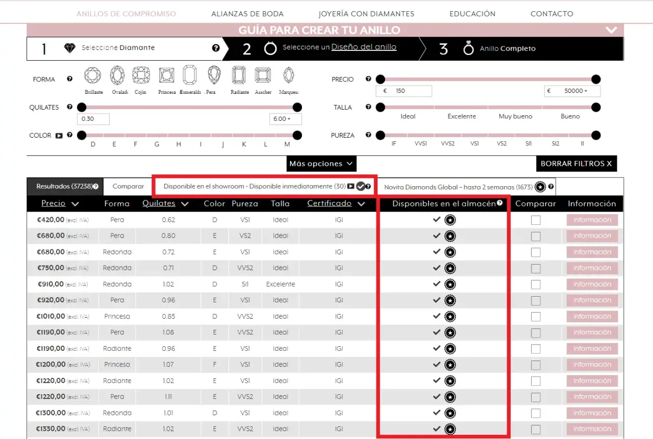 Tabla de diamantes tallados con precios, quilates y formas. Un diamante tallado es el protagonista.