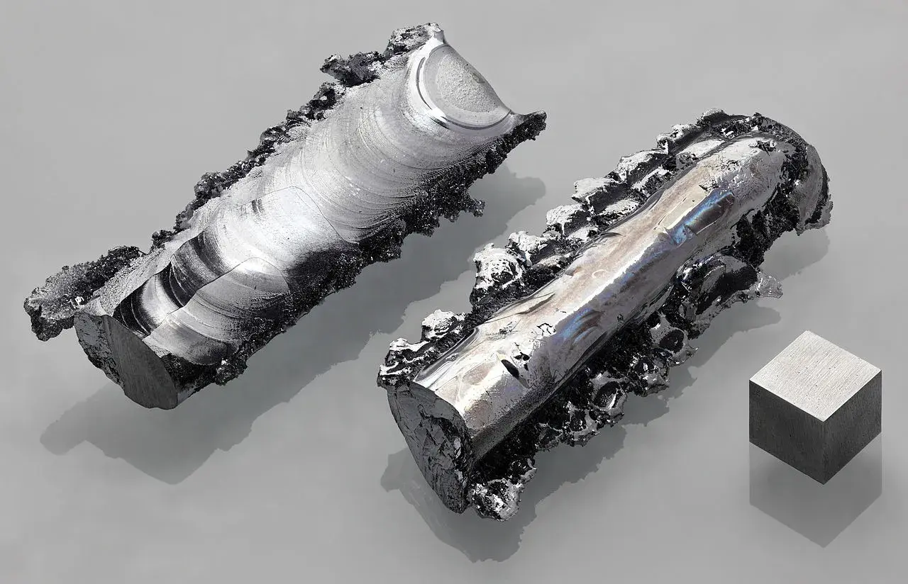 Zwei unregelmäßige Metallstücke mit glänzender, schillernder Chrom-Wirkung und ein kleiner Würfel daneben.
