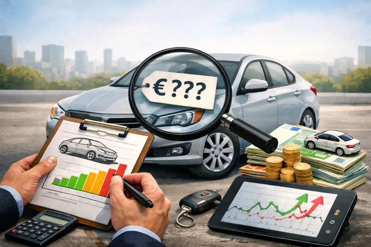 Valuta auto: analisi del prezzo con lente d'ingrandimento, grafici, calcolatrice e denaro.