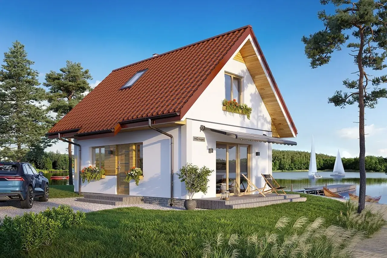 Projekt domu Sosenka nad jeziorem, z łodziami i żaglówkami na wodzie.
