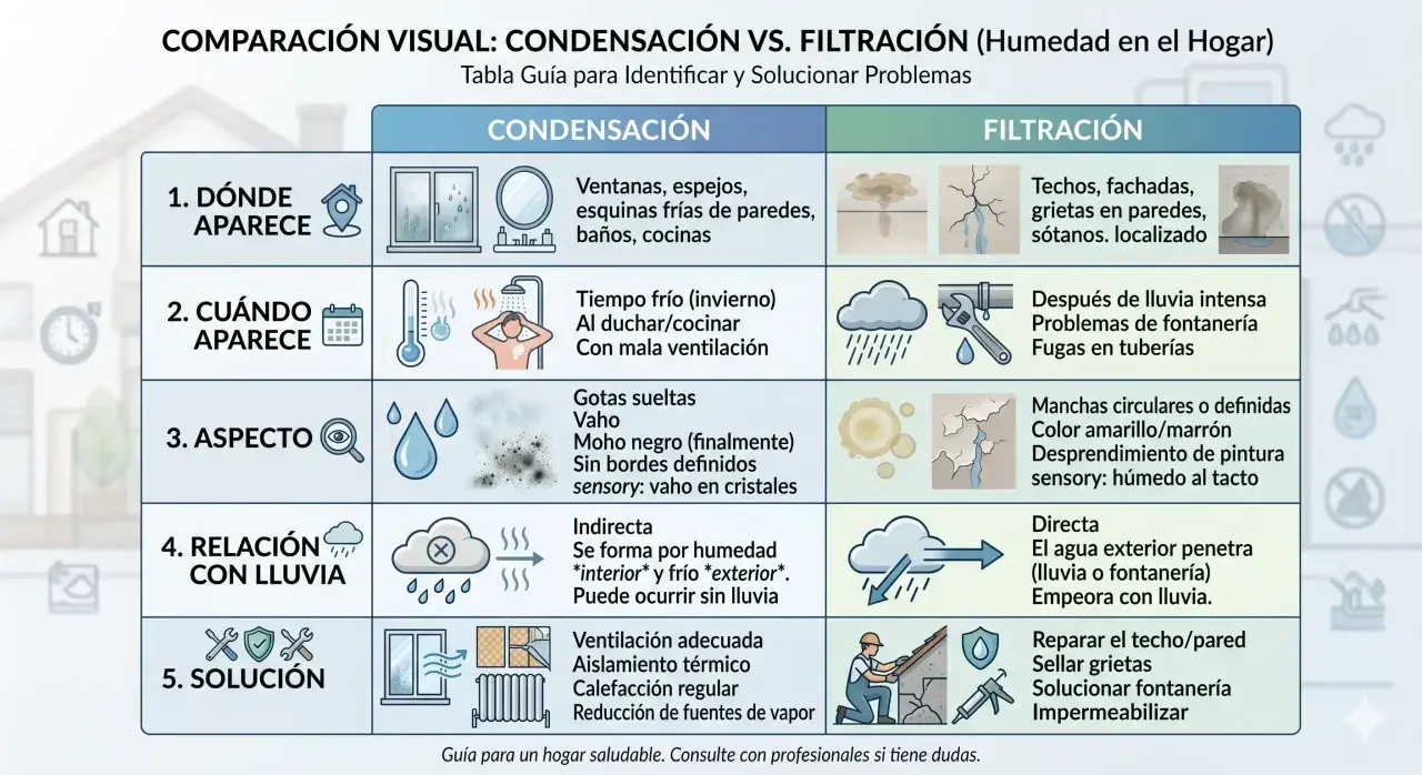 Tabla compara condensación y filtración, explicando la diferencia entre vapor y gas en el hogar. Muestra dónde, cuándo y cómo aparecen, y sus soluciones.