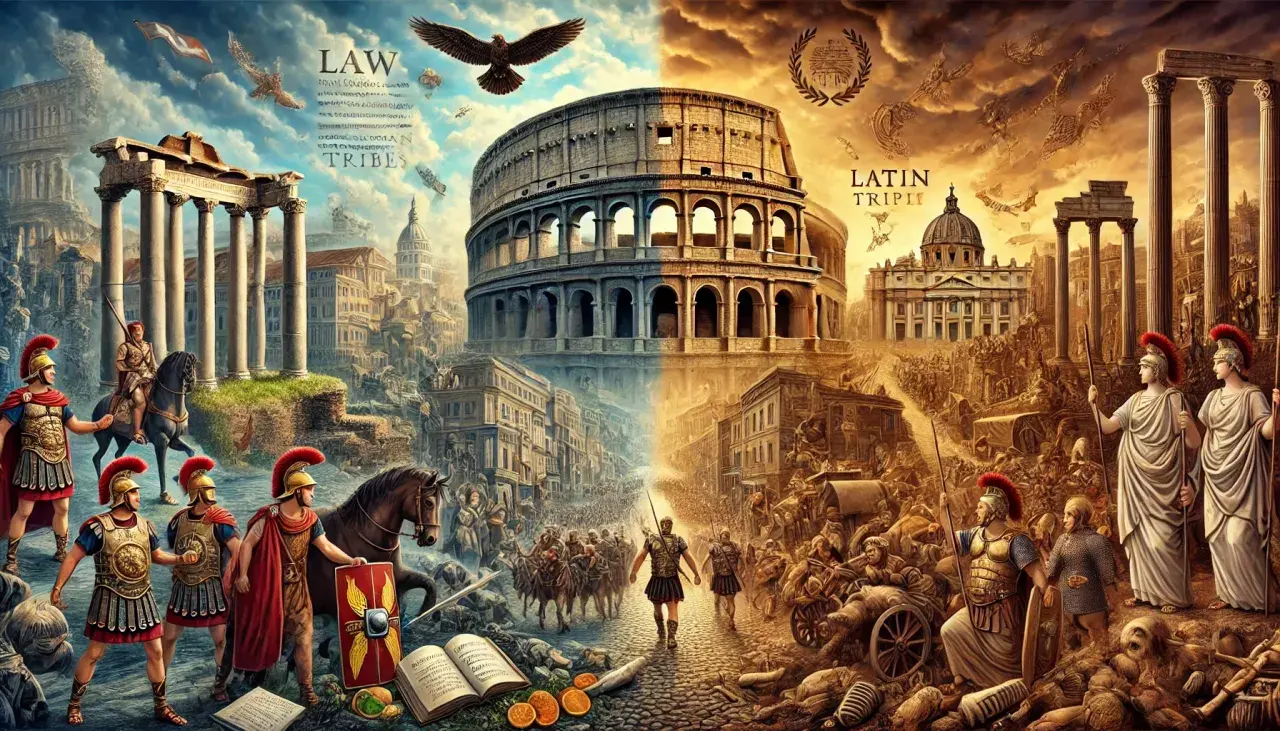 En episk scen av plundrade rom, med soldater, Colosseum och antika ruiner. En berättelse om lag och stammar.