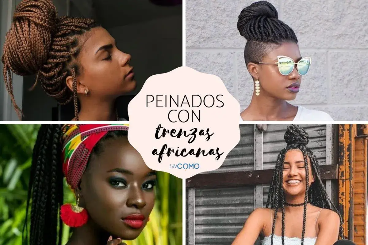 Mujeres con diversos tipos de trenzas africanas: recogidos altos, moños y estilos sueltos.