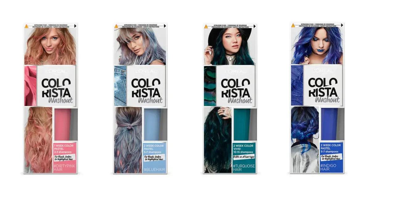 Cajas de tinte L'Oréal Colorista Washout con modelos de cabello teñido en rosa, azul, turquesa e índigo. Las mechas se aclaran con los lavados, mostrando la versatilidad del color.