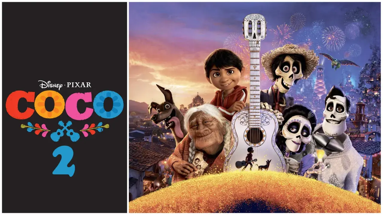 Plakat z napisem "Coco 2" i bohaterami filmu: Miguel, jego rodzina i pies Dante.