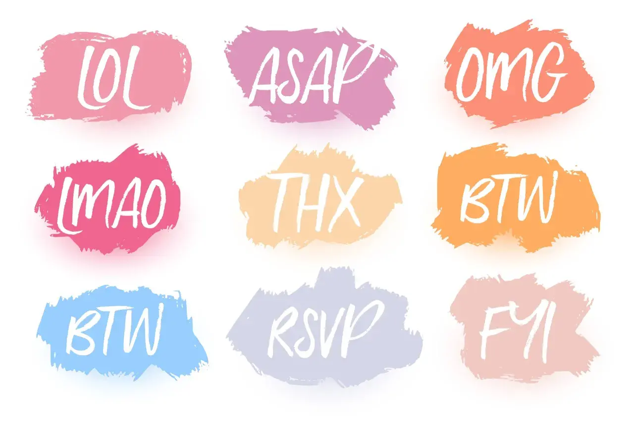 Nubes de colores con acrónimos: LOL, ASAP, OMG, LMAO, THX (que significa "gracias" en inglés), BTW, RSVP, FYI.