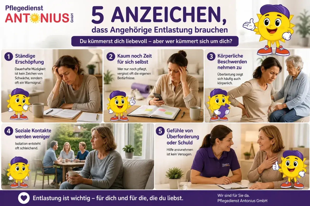 5 Anzeichen, dass Angehörige Entlastung brauchen: Ständige Erschöpfung, kaum Zeit für sich, körperliche Beschwerden, weniger soziale Kontakte, Überforderung. Müde? Hilfe ist da.