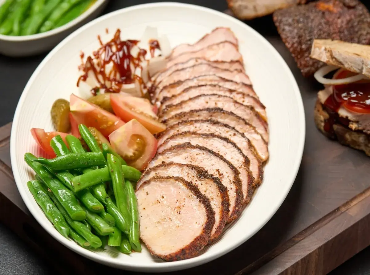 Tranches de longe de porc fumé, accompagnées de haricots verts, tomates, cornichons et oignons. Un délice fumé à savourer.