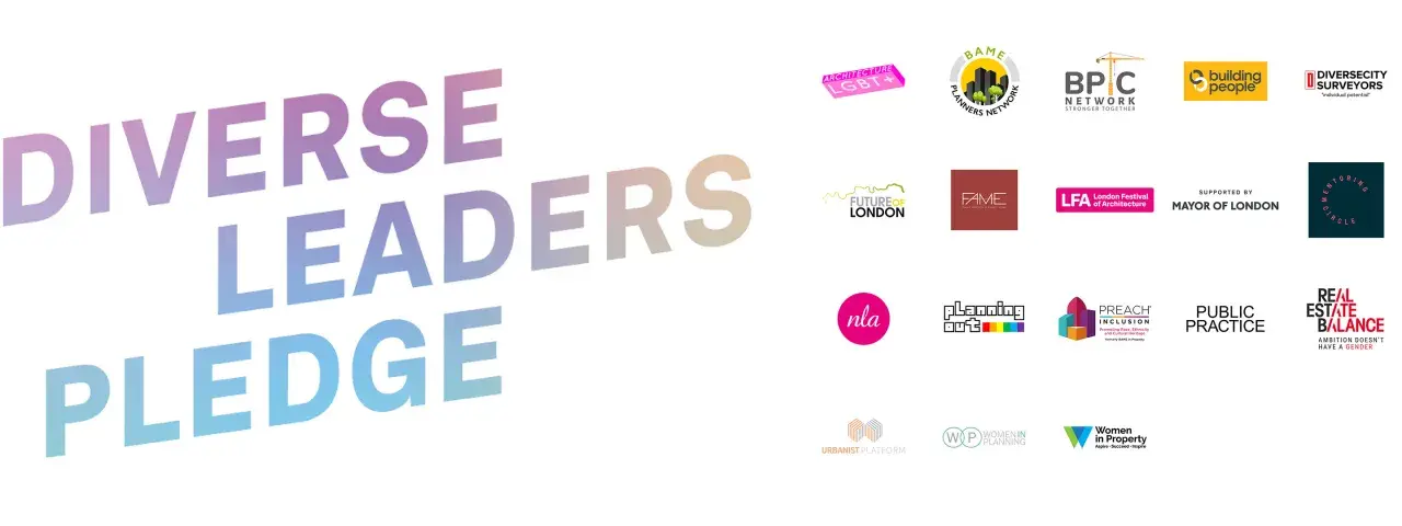 Diverse Leaders Pledge, a campaign championing inclusivity in the built environment, features logos from organizations like BAME Planners Network, Building People, and Real Estate Balance.