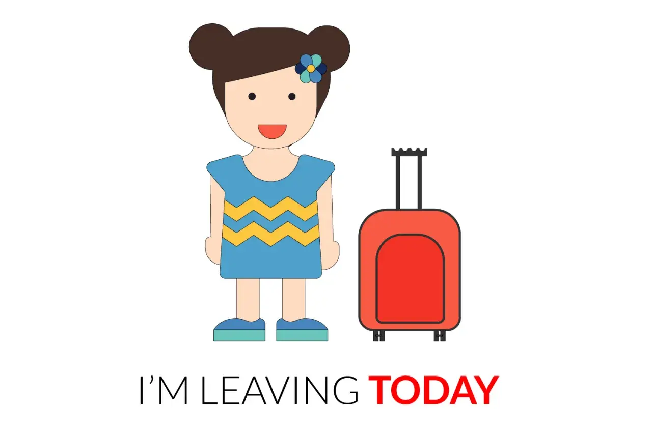 Bambina con valigia rossa, pronta a partire. Un esempio di avverbi di tempo in inglese: "I'm leaving TODAY".