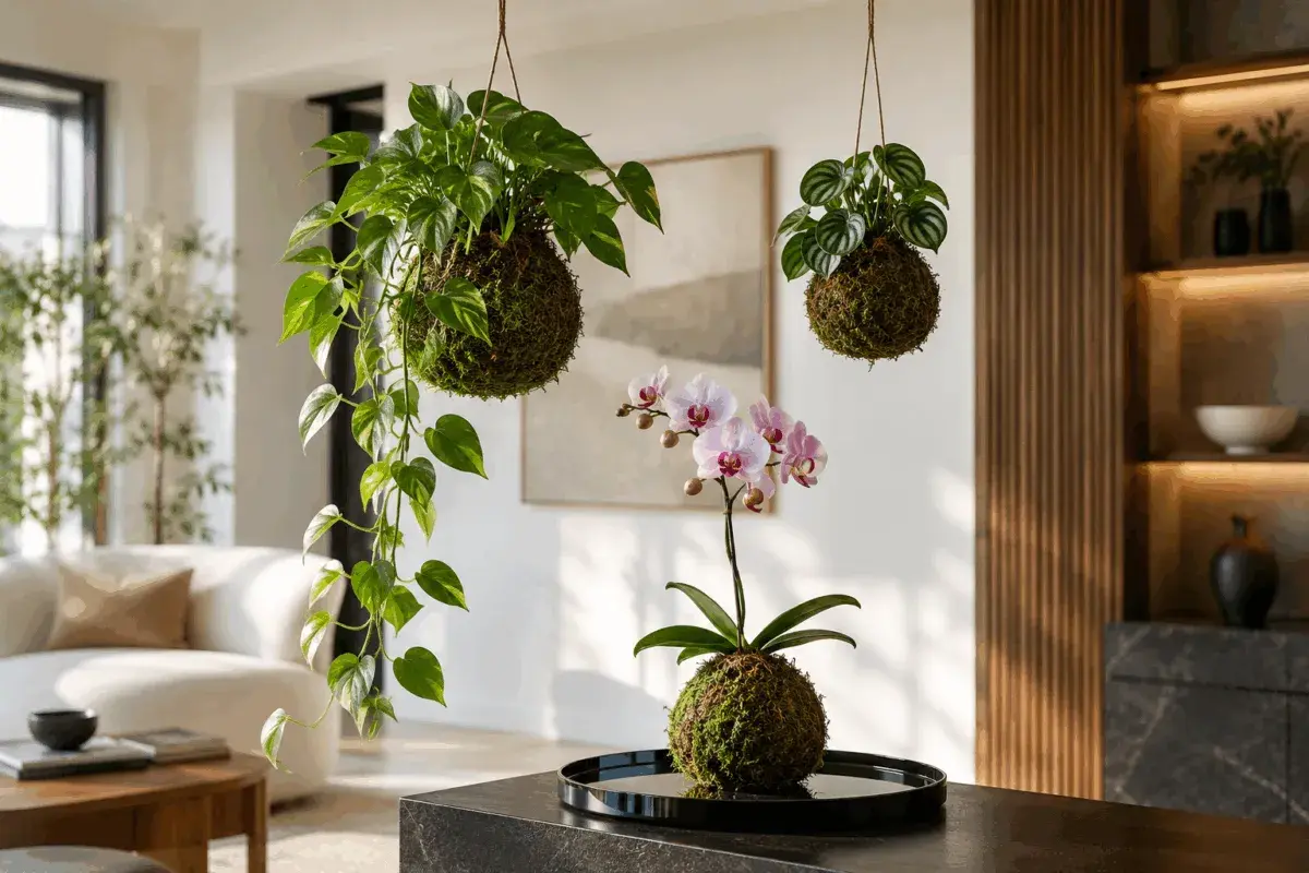 Kokedama: tre sfere di muschio con piante appese, una con orchidea rosa. Un'idea per arredare con stile.