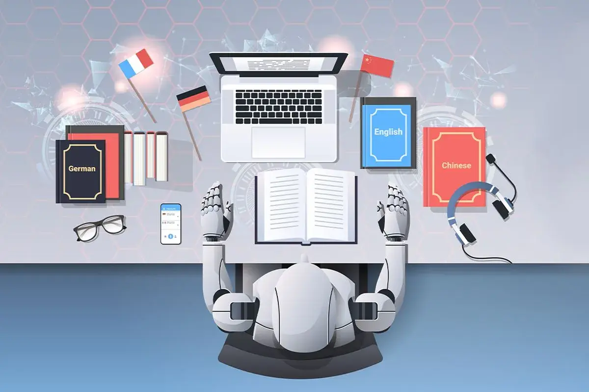 Robot tłumaczy książki, symbolizując przyszłe skutki tłumaczenia książek przez AI dla jakości literackiej 2026.