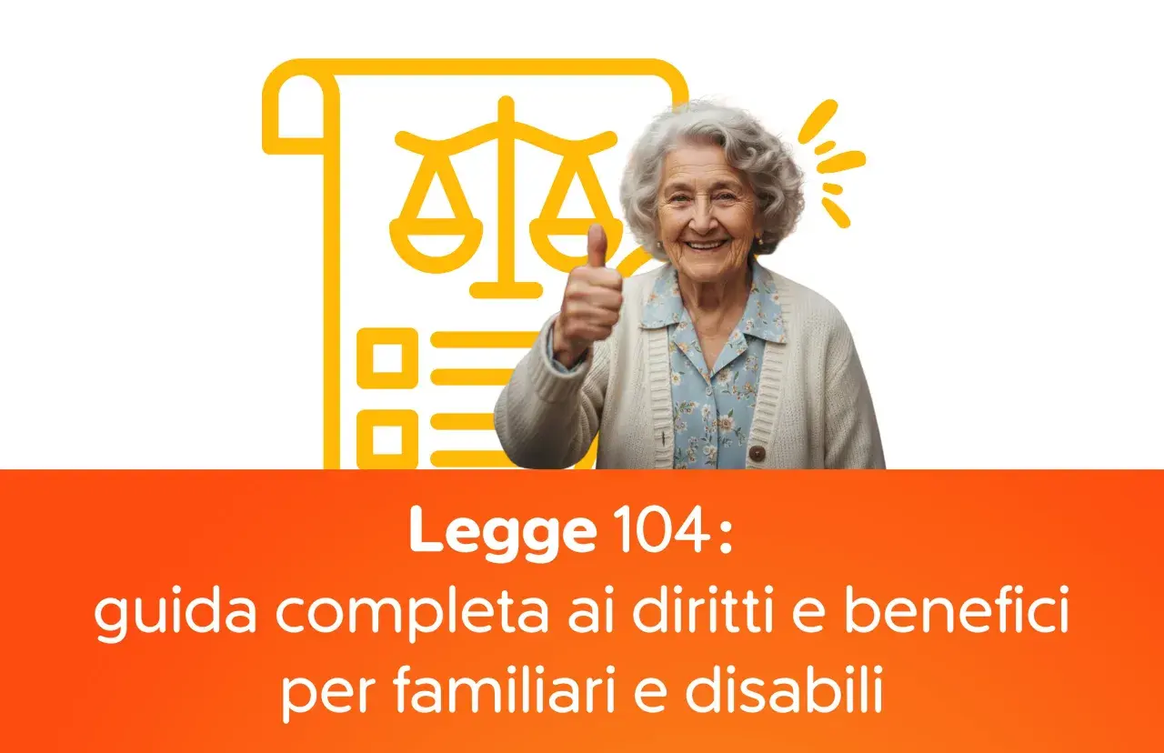 Anziana sorridente con pollice in su, simbolo di bilancia della giustizia e testo "Legge 104: guida completa ai diritti e benefici per familiari e disabili".