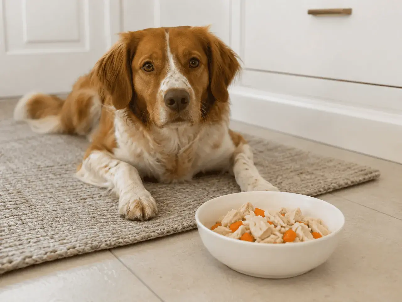 Ein braun-weißer Hund liegt neben einer Schüssel mit Futter, das wie Reis, Getreide und Fleisch aussieht.
