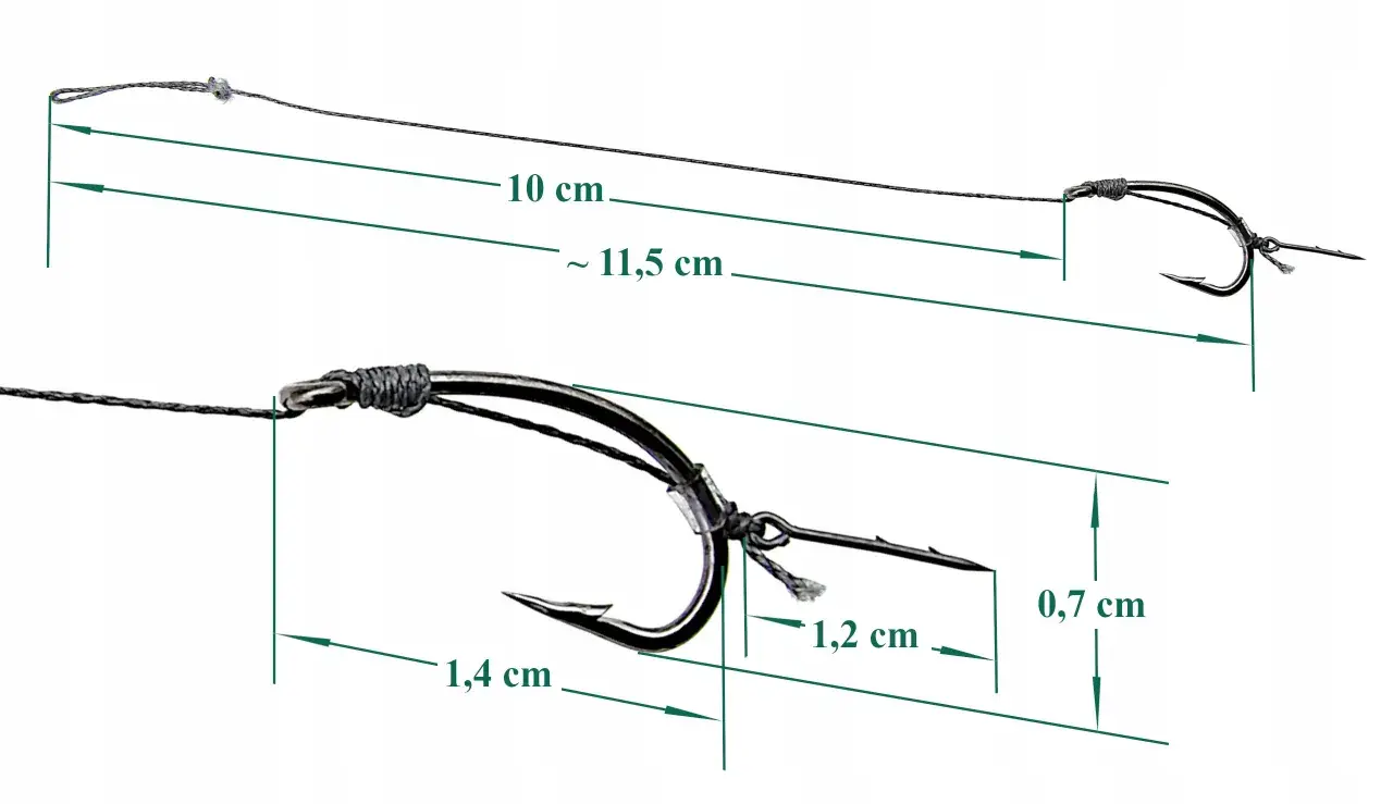 Przypon do metody z haczykiem o długości 1,4 cm i zadziorem 1,2 cm. Całkowita długość przyponu to ok. 11,5 cm.