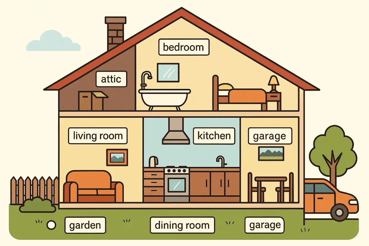 Przekrój domu z etykietami: attic, bedroom, living room, kitchen, garage, garden, dining room. Jak jest po angielsku pokój?