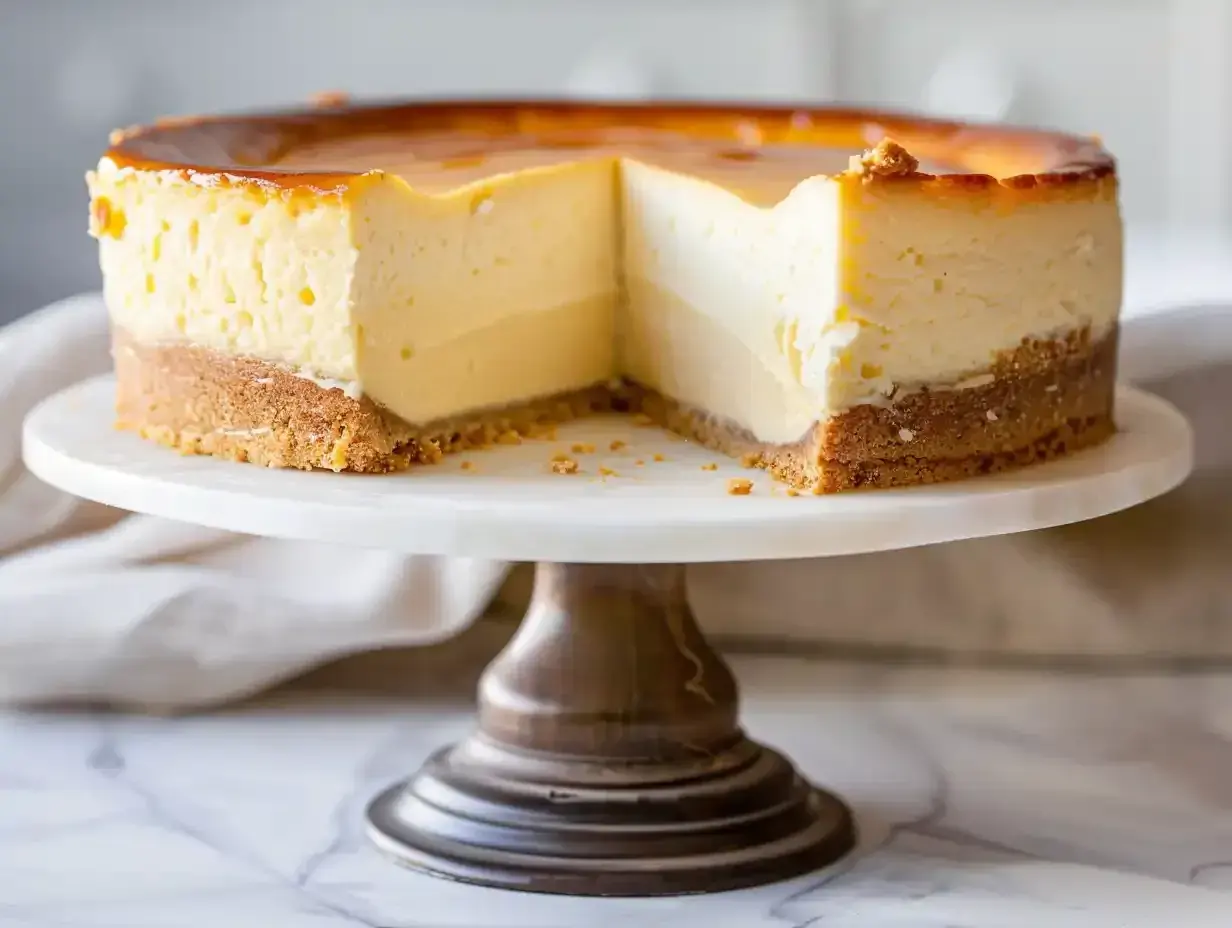 En krämig baskisk cheesecake med karamelliserad yta, serverad på ett marmorerat tårtfat.