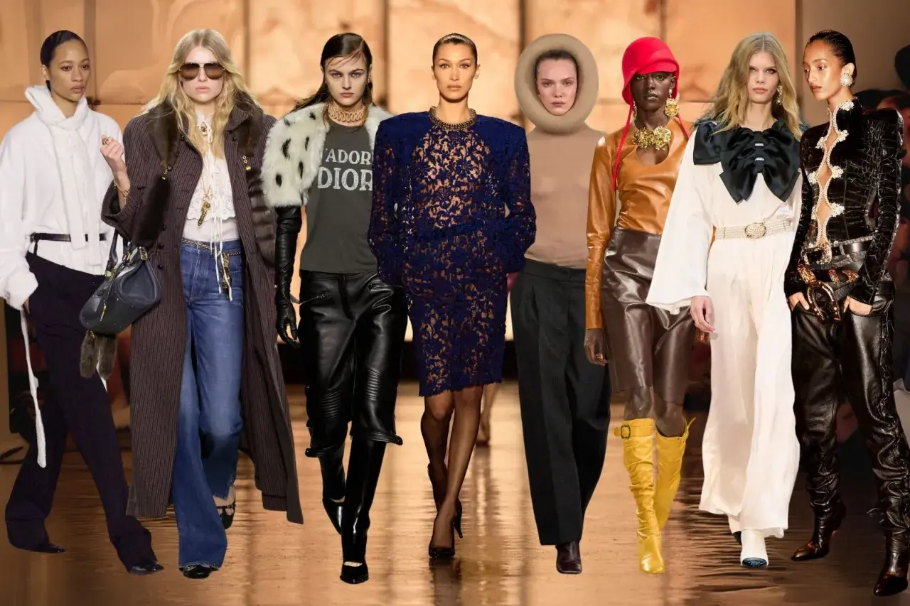 Mannequins présentent des looks pour s'habiller classe en hiver : manteaux longs, cuir, dentelle et accessoires audacieux.