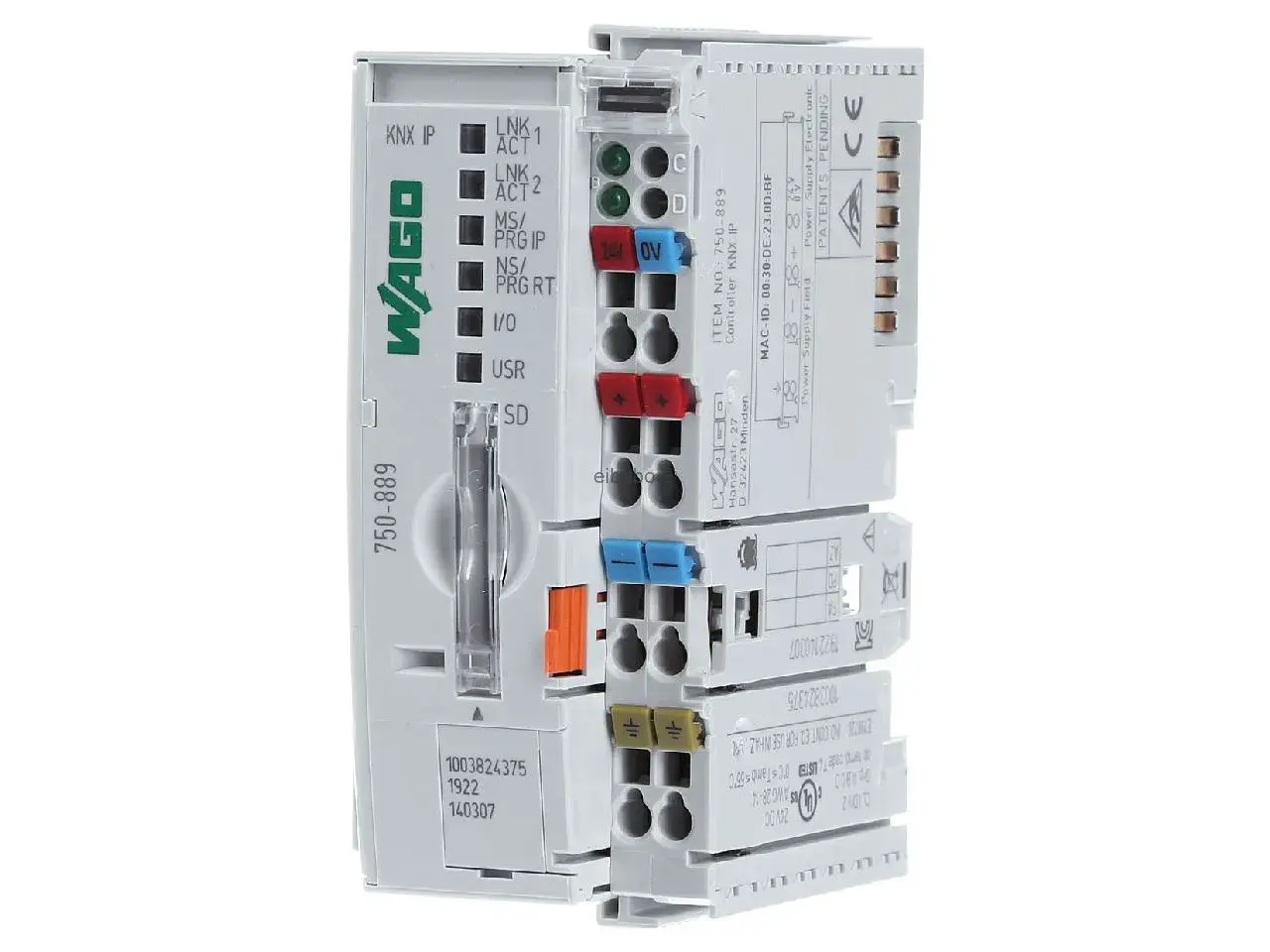 Moduł WAGO 750-889, kontroler KNX IP, z wieloma wskaźnikami LED i złączami.