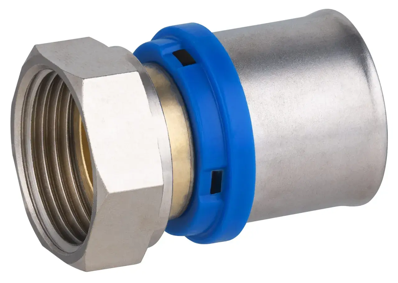 Racor de 8mm con tuerca y anillo azul, listo para conectar tuberías.