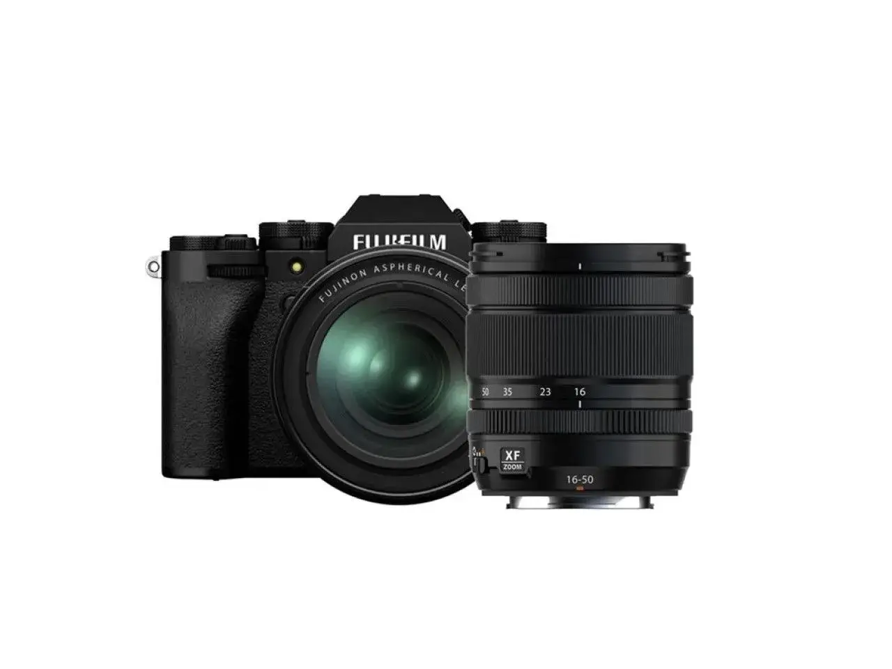 Czarny aparat Fujifilm X-T5 z obiektywem XF Zoom 16-50mm. Idealny do uchwycenia każdej chwili.