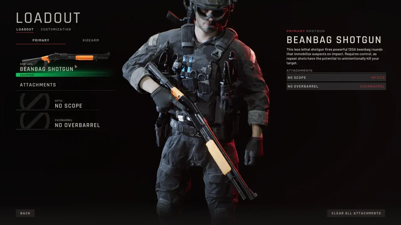 Personnage en tenue tactique, prêt ou pas, config du fusil à pompe Beanbag Shotgun. Pas d'accessoires.