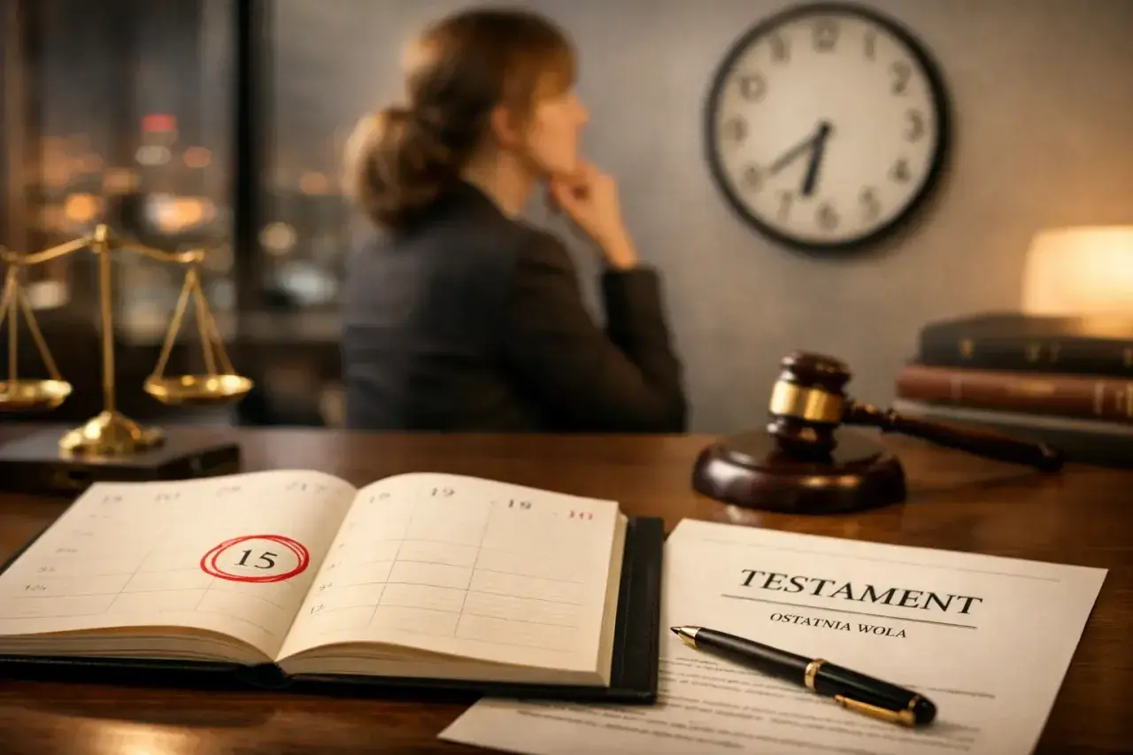 Na biurku prawnika leży testament i kalendarz z zaznaczoną datą. Rozważania nad ogłoszeniem testamentu a zachowkiem.