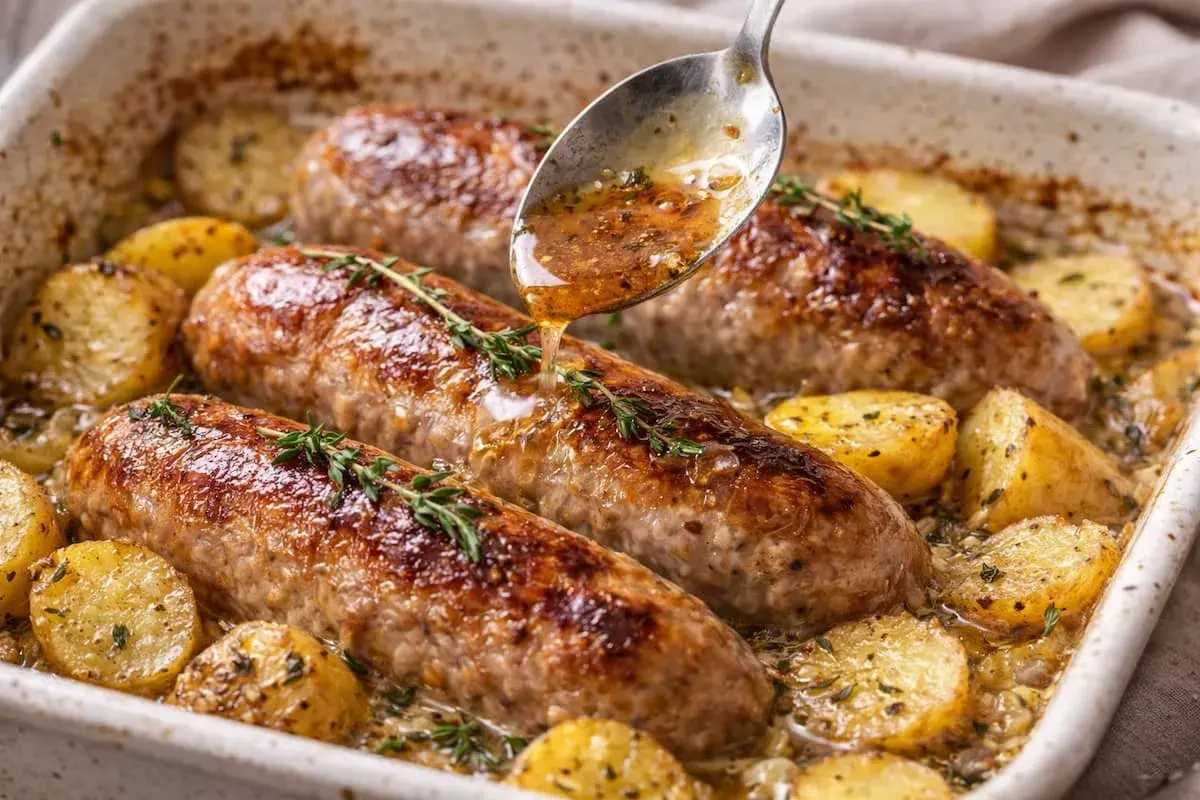 Saucissons à cuire au four, dorés et juteux, mijotent avec des pommes de terre dans un plat. Une cuillère arrose le tout d'une sauce au vin blanc savoureuse.