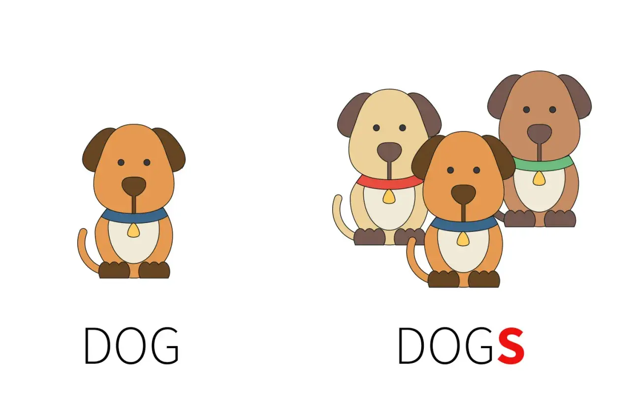 Un cane (dog) e tre cani (dogs). Illustrazione per capire i sostantivi numerabili e non numerabili in inglese.