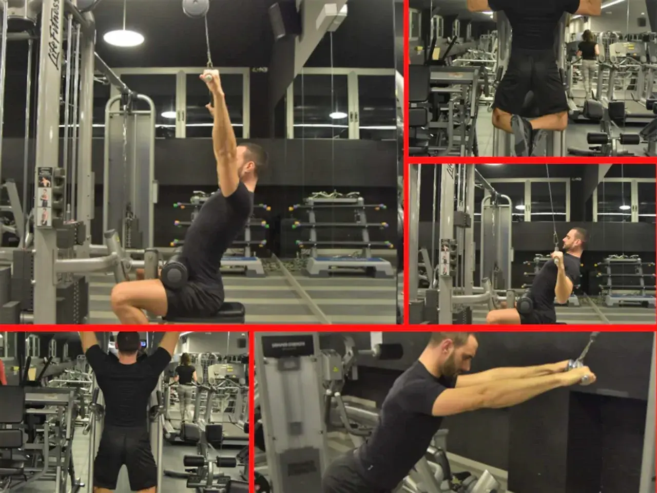 Uomo in palestra esegue esercizi per la schiena, concentrandosi sull'allenamento dell'upper back con macchine e cavi.
