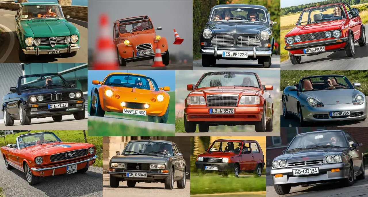 Eine Collage mit vielen bekannten oldtimer marken: Alfa Romeo, Citroën, Volvo, VW, BMW, Lotus, Mercedes, Porsche, Ford Mustang, Peugeot, Fiat, Opel.