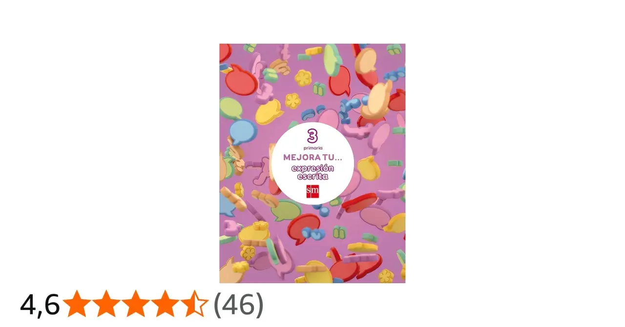 Imágenes para describir: Portada de libro "Mejora tu expresión escrita" para primaria, rodeada de burbujas de diálogo y flores de colores.