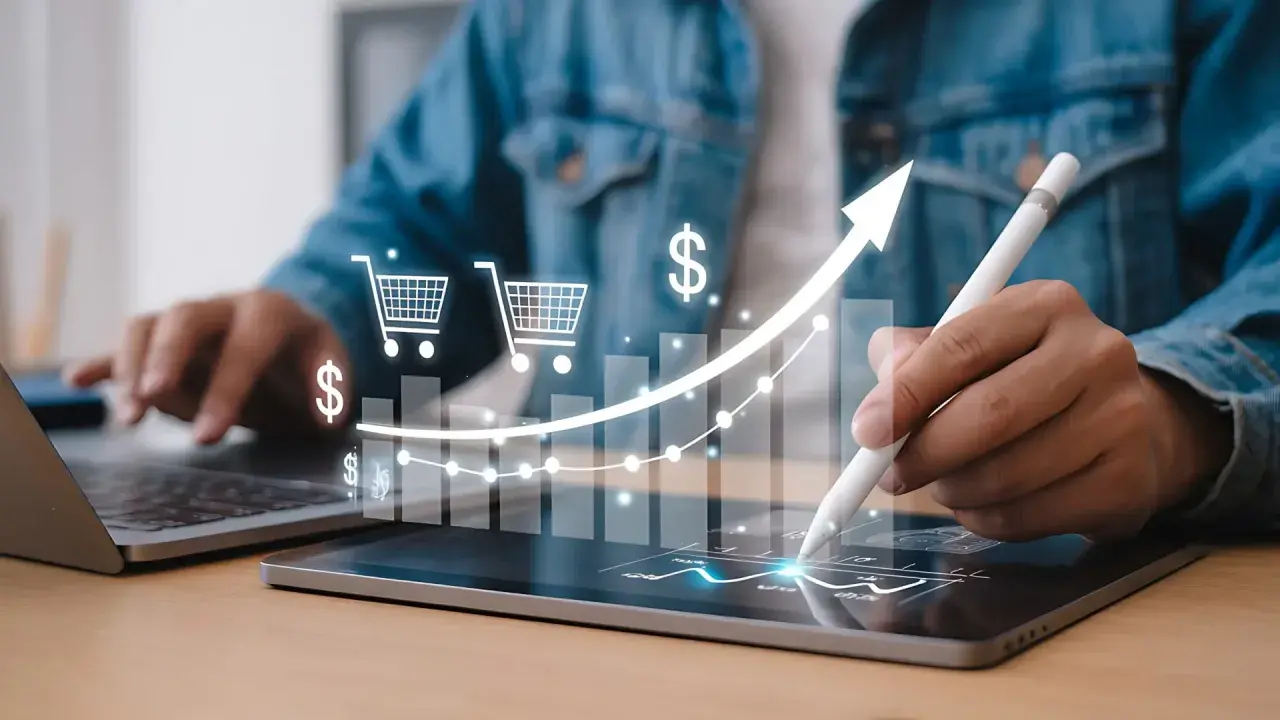 Gráfico de crecimiento en el sector retail, con carritos de compra y símbolo de dólar, indicando éxito y aumento de ventas.