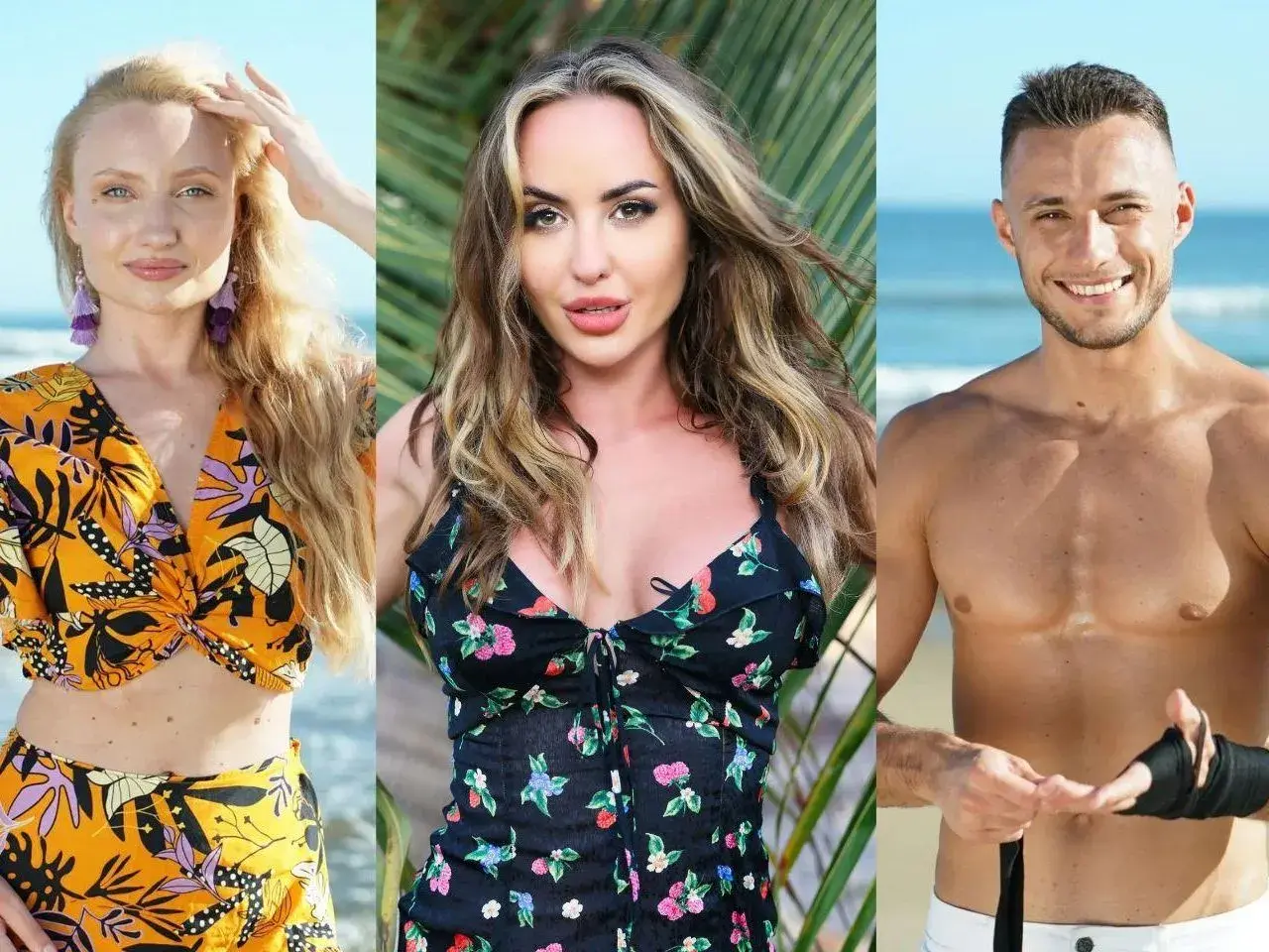 Trójka uczestników Hotel Paradise 2: blondynka w pomarańczowym stroju, brunetka w kwiecistej sukience i mężczyzna z opaską na ręce na tle plaży.