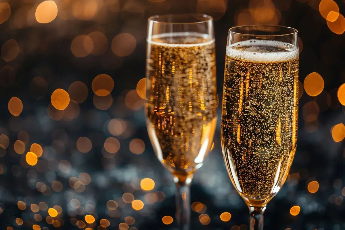 Dwa kieliszki musującego prosecco, pełne bąbelków, na tle rozmytych, złotych świateł. Czy prosecco to szampan? To pytanie często zadawane przy takich okazjach.