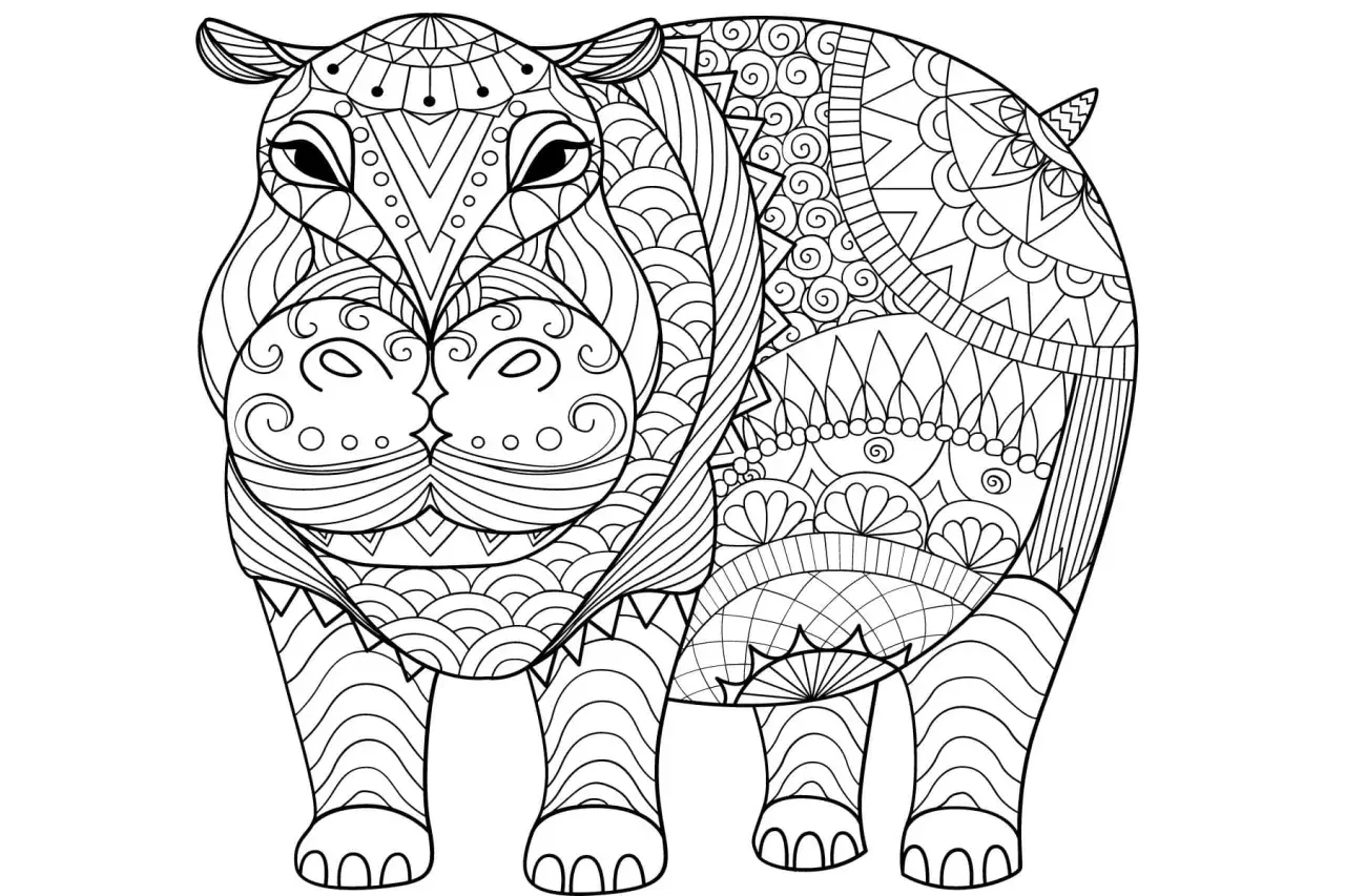 Hipopótamo con intrincados diseños para colorear, perfecto como mandalas para imprimir y relajarse.