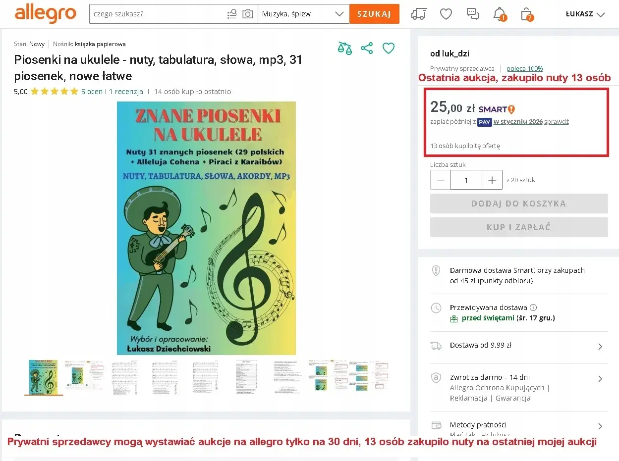 Okładka książki "Znane piosenki na ukulele" z nutami, tabulaturą i słowami. Ilustracja muzyka grającego na ukulele.