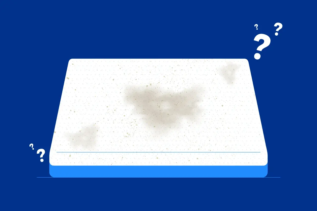 A dirty mattress with stains, possibly from bed mites, surrounded by question marks.
