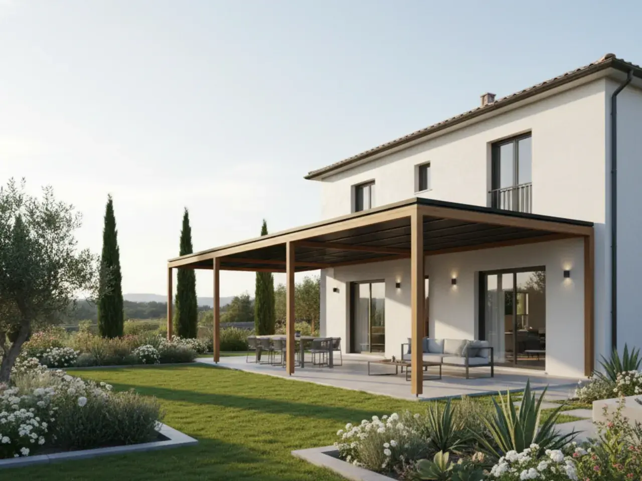 Una casa moderna con un giardino curato e una pergola in legno, ideale per costruire uno spazio esterno accogliente.
