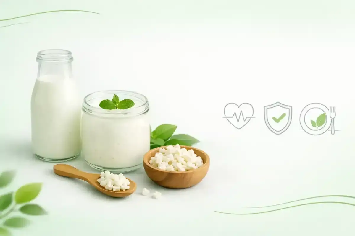 Kefir właściwości: zdrowy napój, probiotyki, naturalne składniki. Ikony symbolizują zdrowie, bezpieczeństwo i dietę.