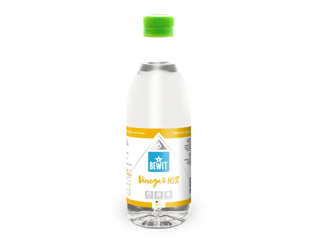 Butelka octu spirytusowego Bewit Vinegar 10% z zieloną nakrętką.