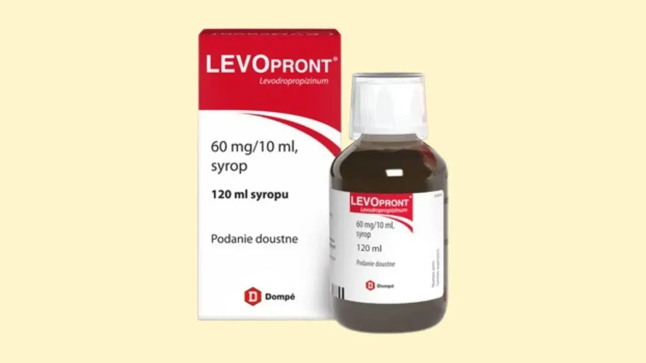 Opakowanie i butelka syropu LevoPront 120 ml. Informacje o dawkowaniu i składzie.