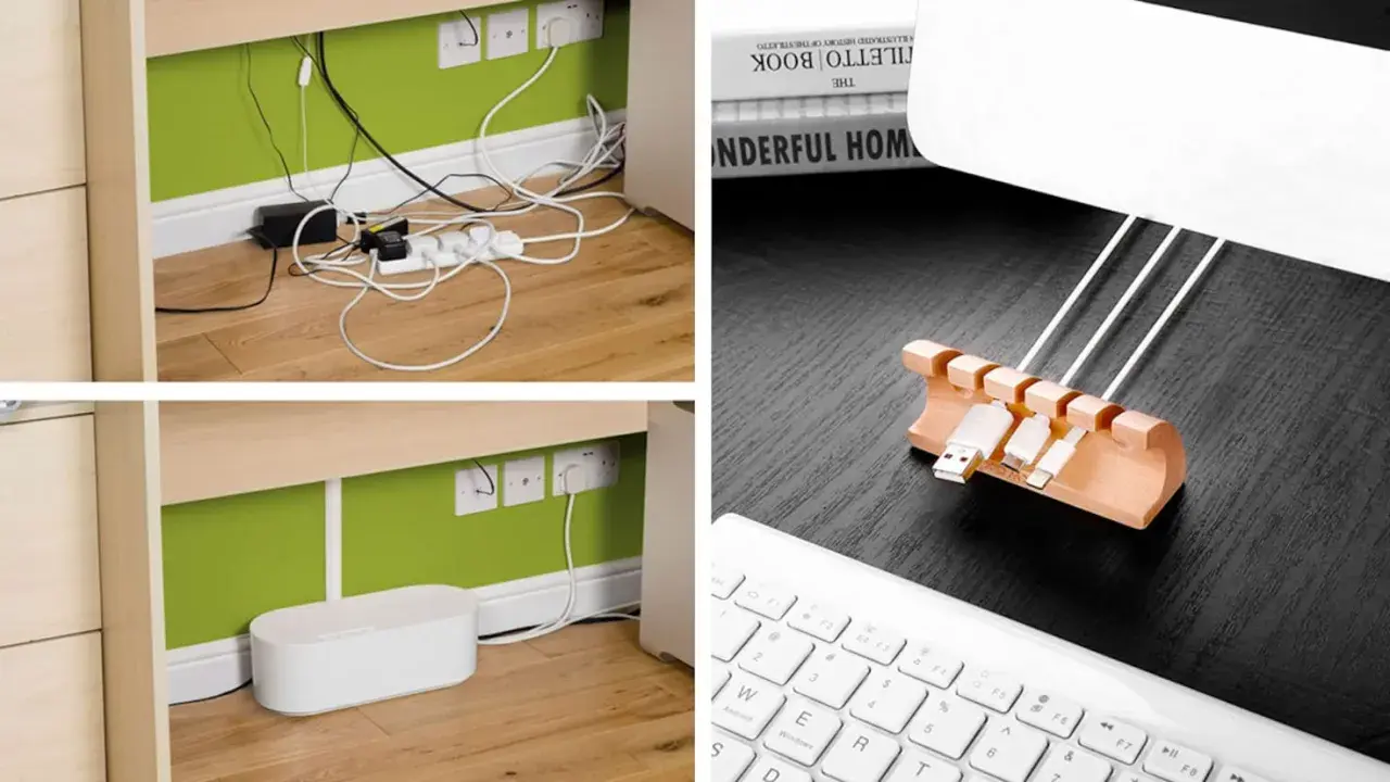 Organiza tu espacio: antes, un caos de cable por dentro; después, orden con una caja y un organizador de madera para tus cables.